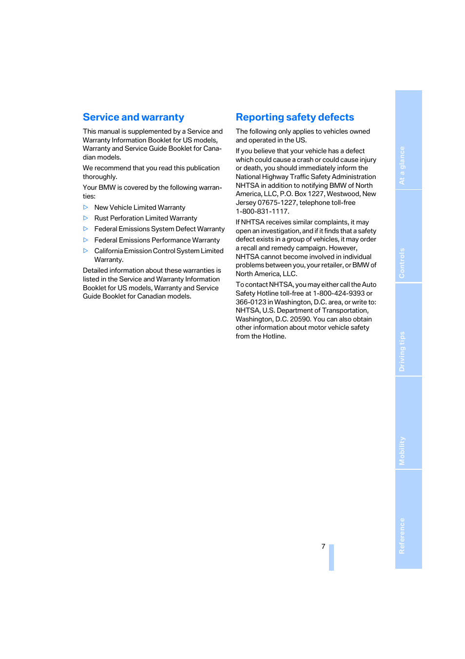 Service and warranty, Reporting safety defects | BMW Z4 Roadster 2.5i 2005 User Manual | Page 9 / 120