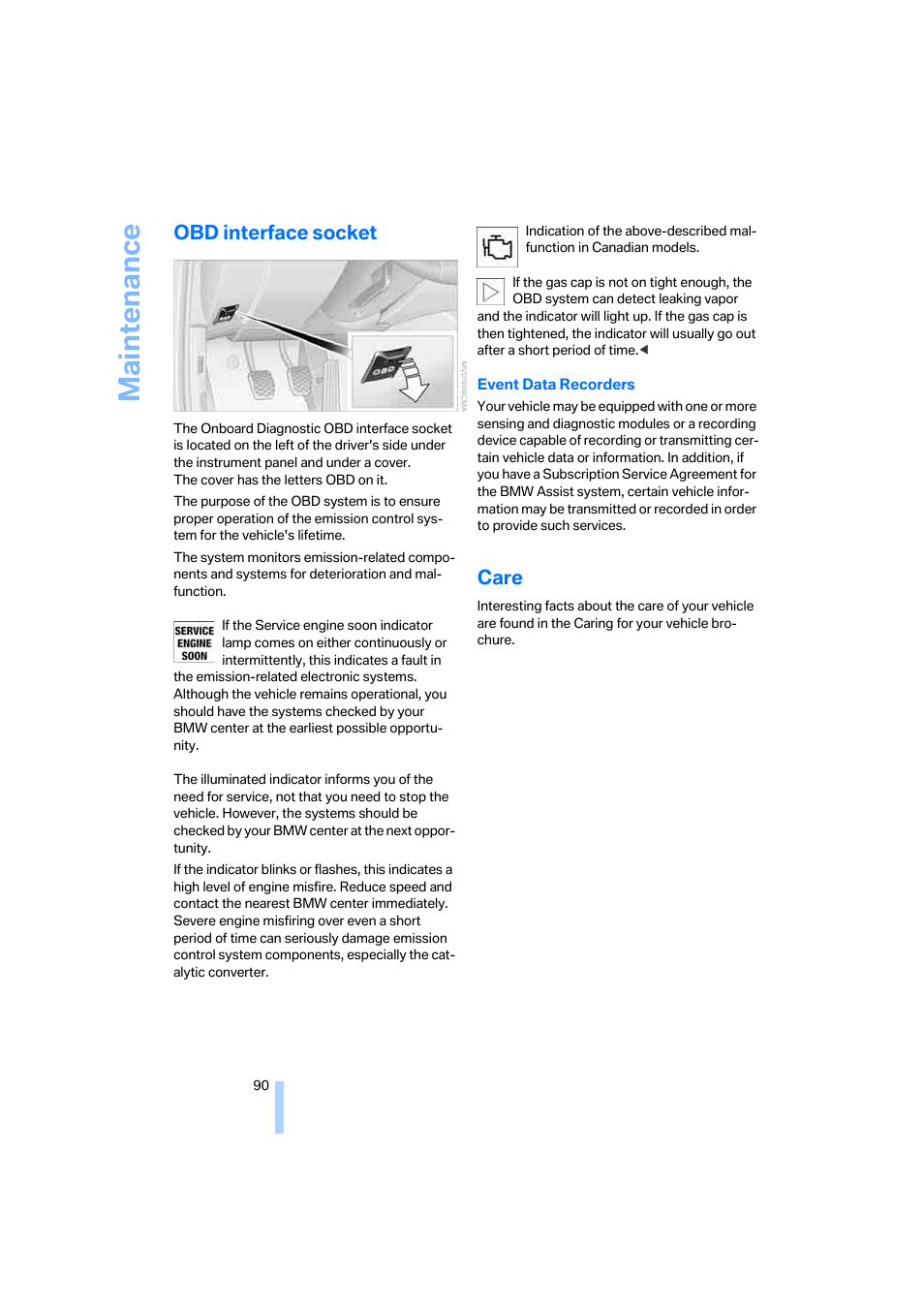 Obd interface socket, Care, Maintenance | BMW Z4 Roadster 2.5i 2005 User Manual | Page 92 / 120