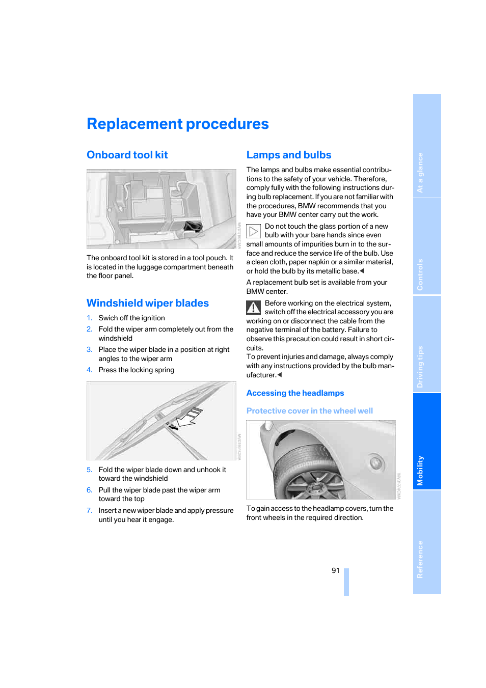 Replacement procedures, Onboard tool kit, Windshield wiper blades | Lamps and bulbs | BMW Z4 Roadster 2.5i 2005 User Manual | Page 93 / 120