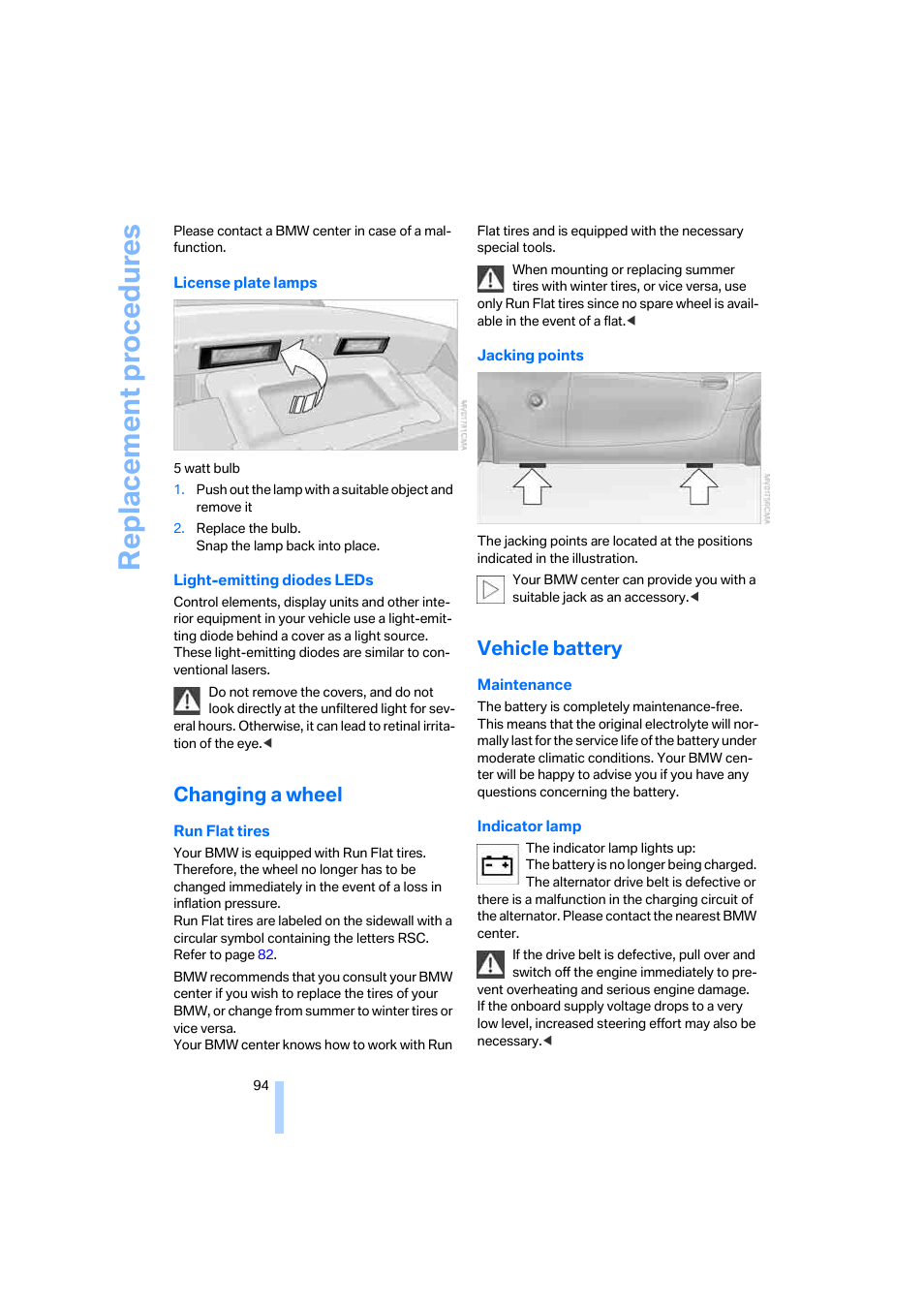 Changing a wheel, Vehicle battery, Replacemen t pr ocedures | BMW Z4 Roadster 2.5i 2005 User Manual | Page 96 / 120