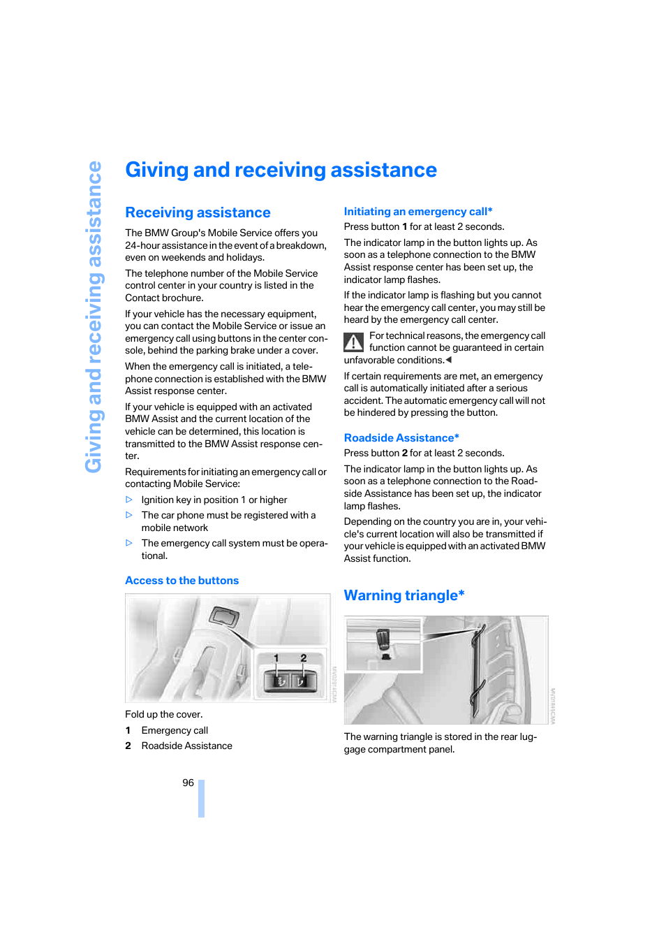 Giving and receiving assistance, Receiving assistance, Warning triangle | BMW Z4 Roadster 2.5i 2005 User Manual | Page 98 / 120