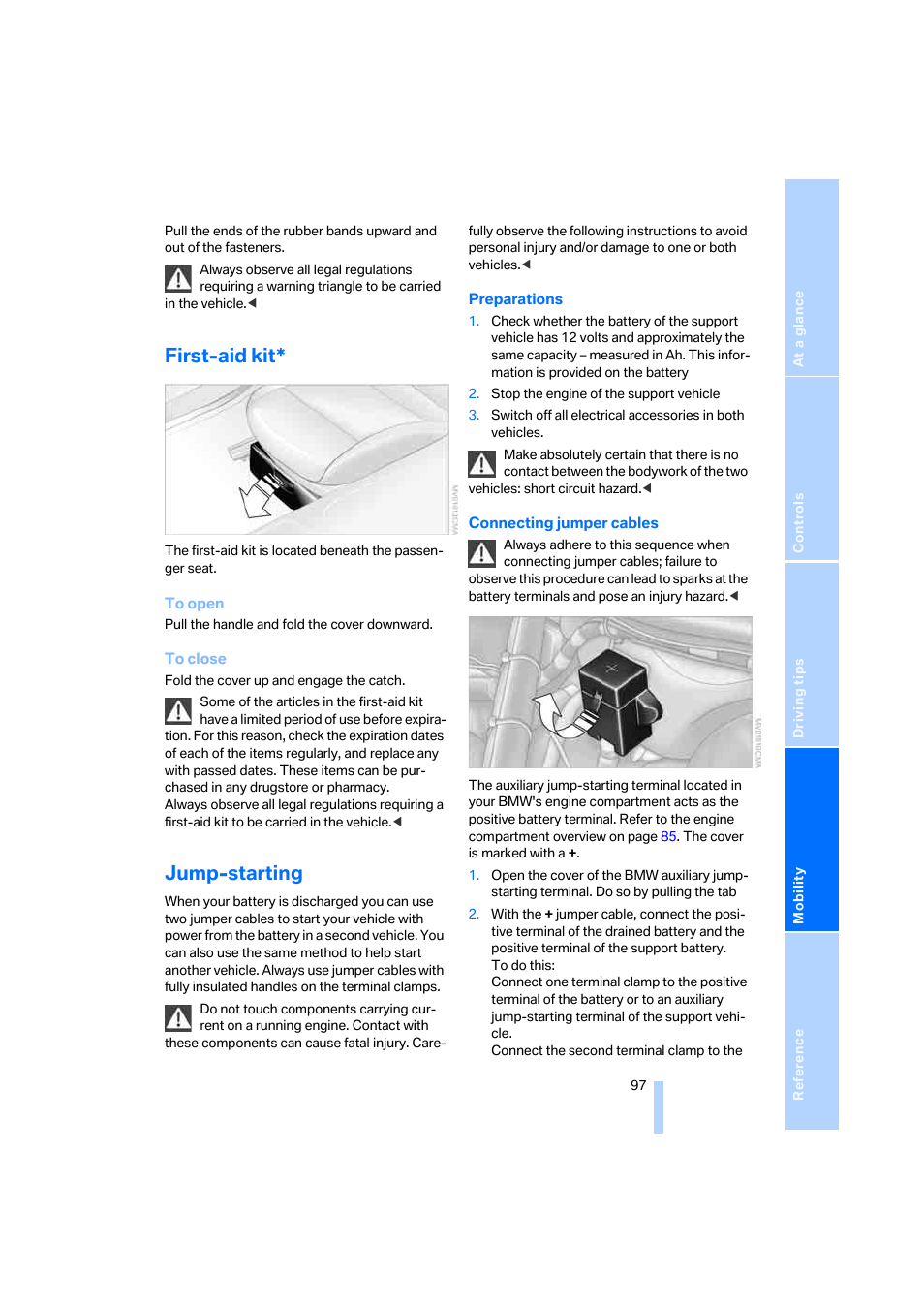 First-aid kit, Jump-starting, Mp-starting | BMW Z4 Roadster 2.5i 2005 User Manual | Page 99 / 120