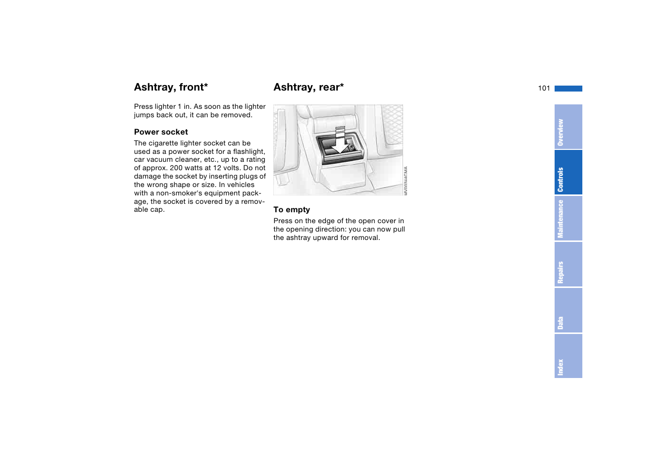 Ashtray, rear, Ashtray, front | BMW M3 Convertible 2005 User Manual | Page 101 / 174