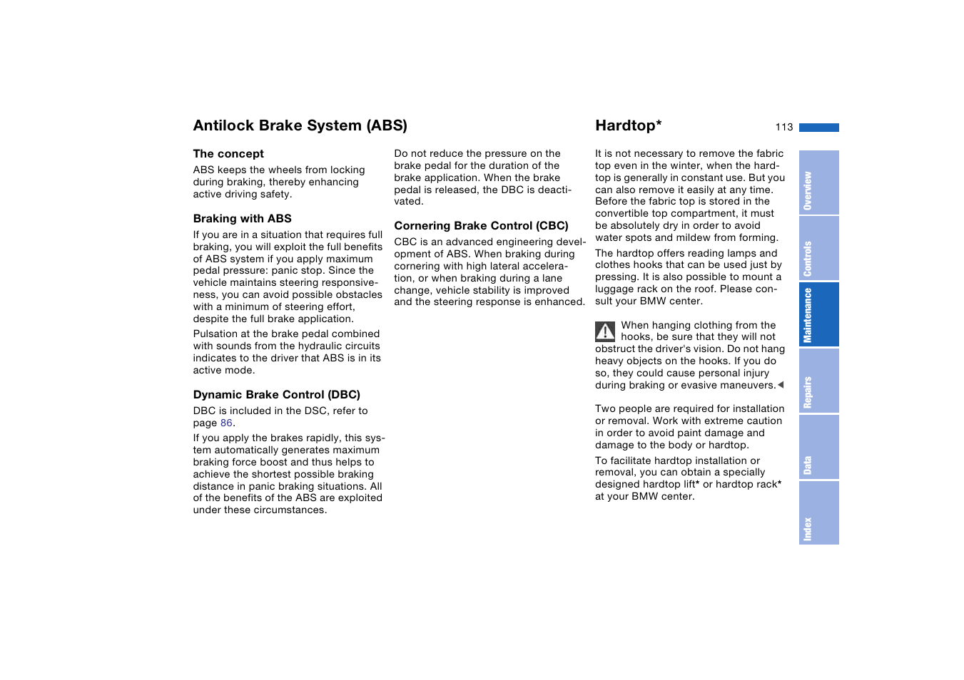 Antilock brake system (abs), Hardtop, Antilock brake system | Abs) | BMW M3 Convertible 2005 User Manual | Page 113 / 174