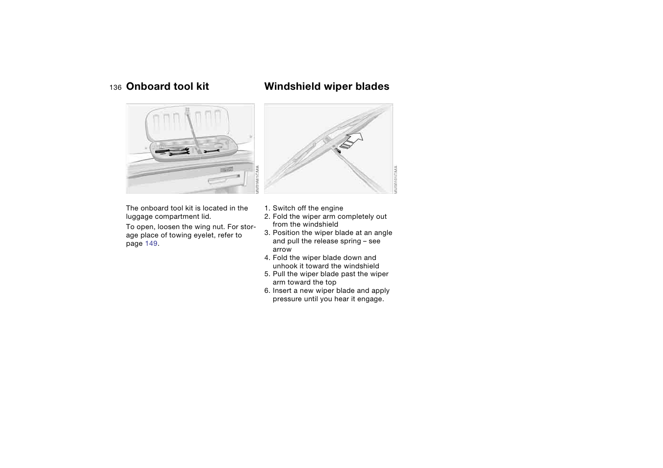 Replacement procedures, Onboard tool kit, Windshield wiper blades | BMW M3 Convertible 2005 User Manual | Page 136 / 174