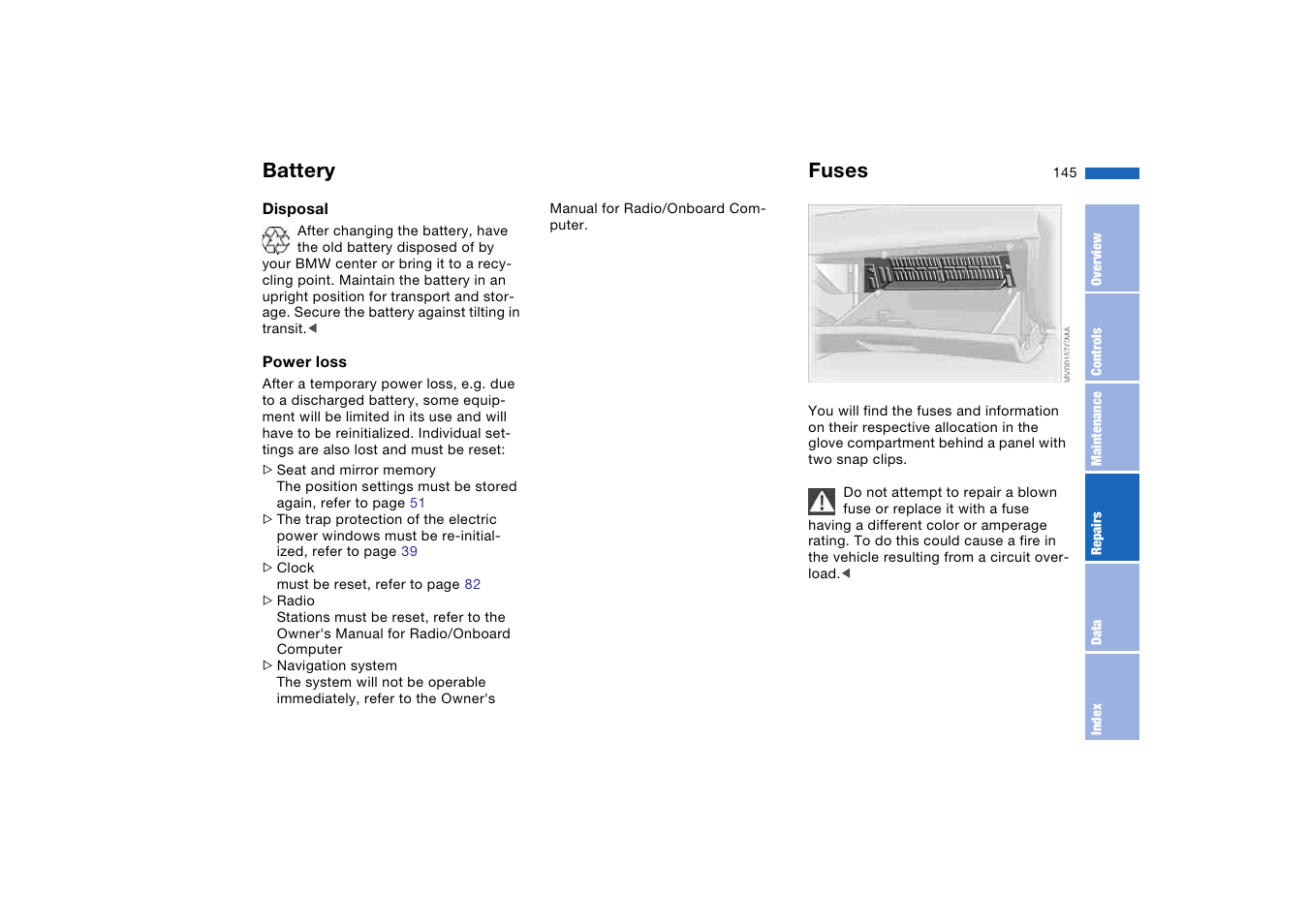 Fuses, Battery | BMW M3 Convertible 2005 User Manual | Page 145 / 174
