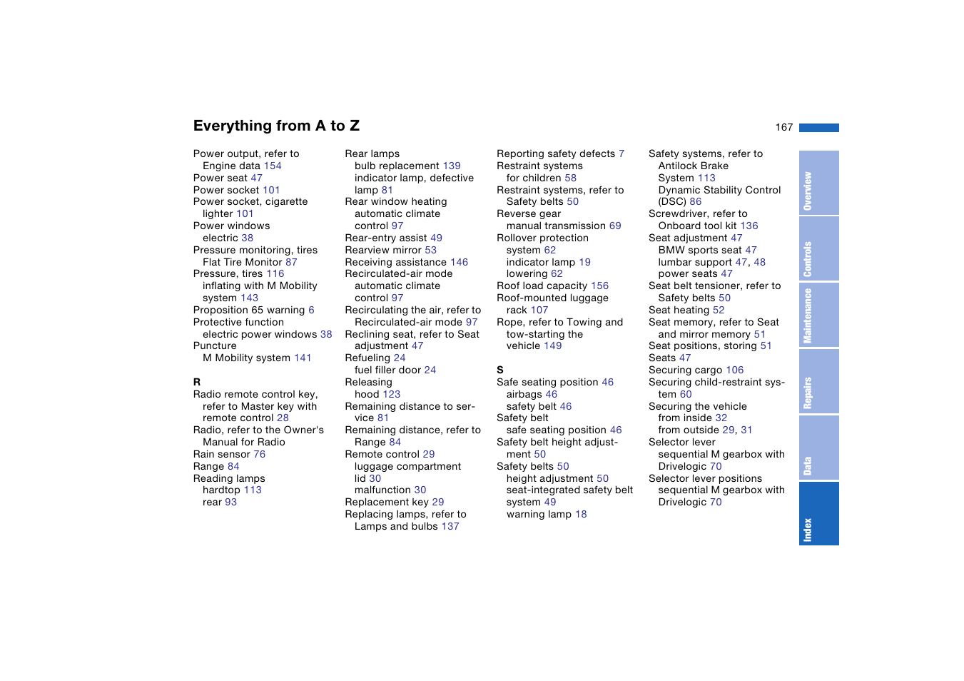 Everything from a to z | BMW M3 Convertible 2005 User Manual | Page 167 / 174