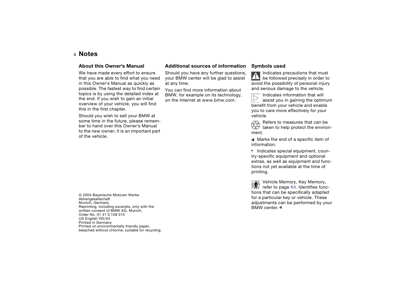 Notes, Additional sources of information, Symbols used | BMW M3 Convertible 2005 User Manual | Page 4 / 174