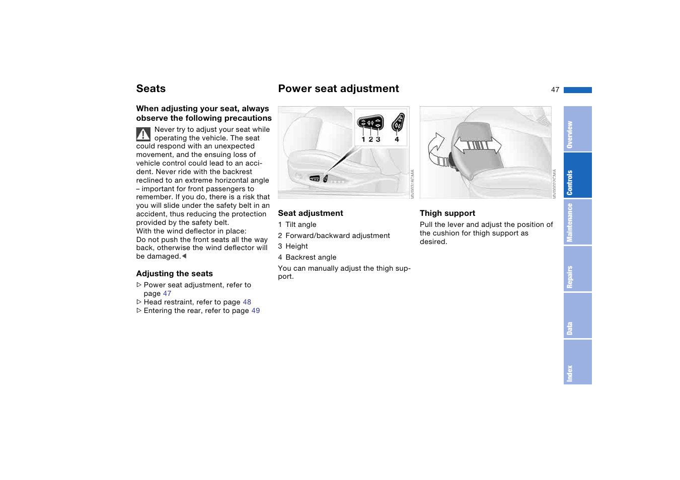 Seats, Power seat adjustment | BMW M3 Convertible 2005 User Manual | Page 47 / 174