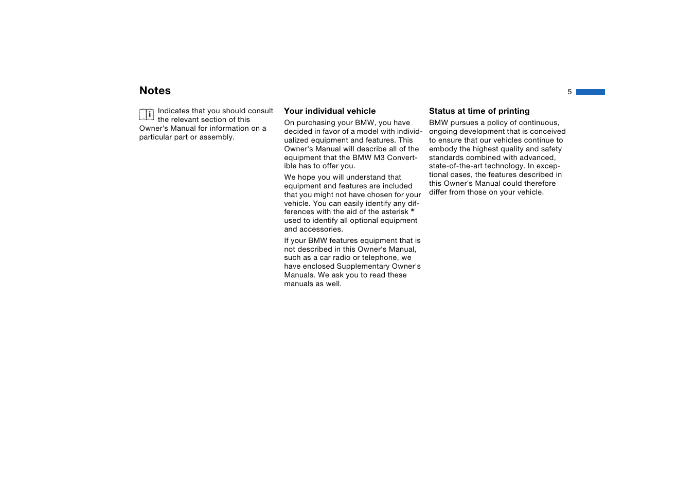 Your individual vehicle, Status at time of printing | BMW M3 Convertible 2005 User Manual | Page 5 / 174