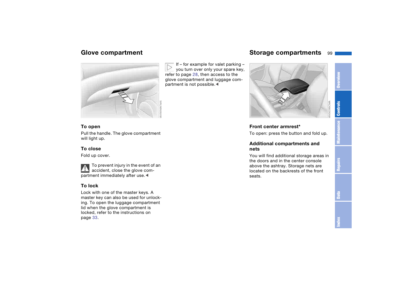 Interior conveniences, Glove compartment, Storage compartments | BMW M3 Convertible 2005 User Manual | Page 99 / 174