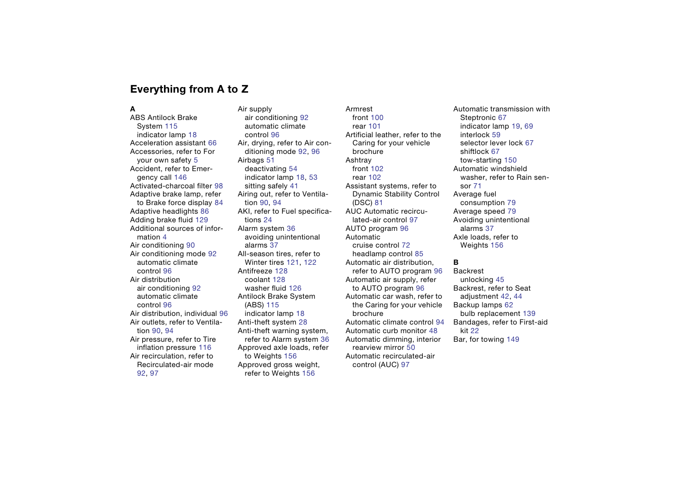 Everything from a to z | BMW 325Ci Coupe 2004 User Manual | Page 160 / 174