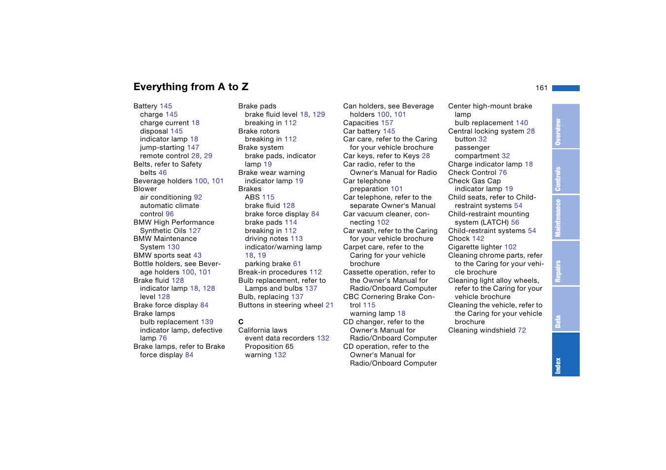 Everything from a to z | BMW 325Ci Coupe 2004 User Manual | Page 161 / 174