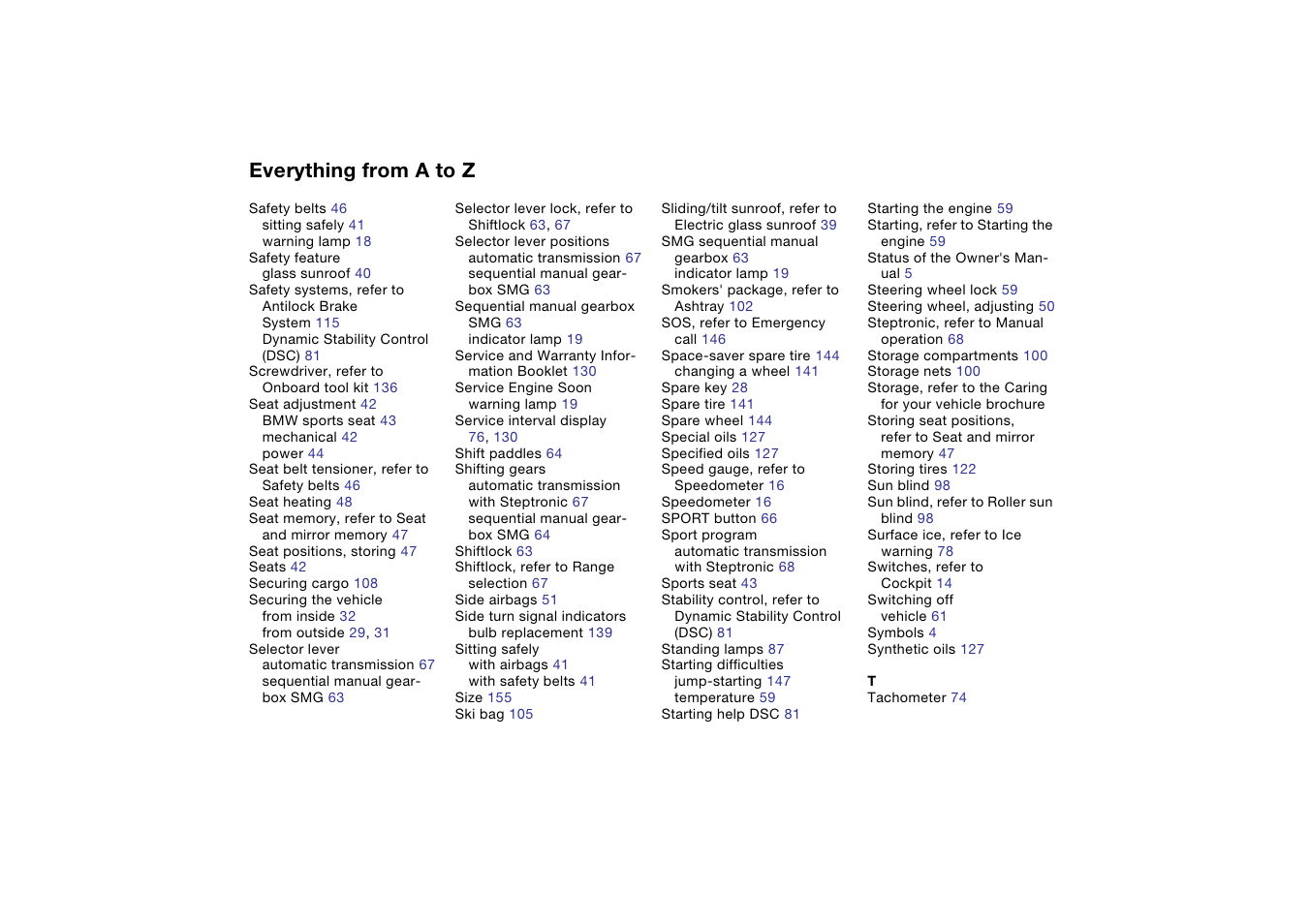 Everything from a to z | BMW 325Ci Coupe 2004 User Manual | Page 168 / 174