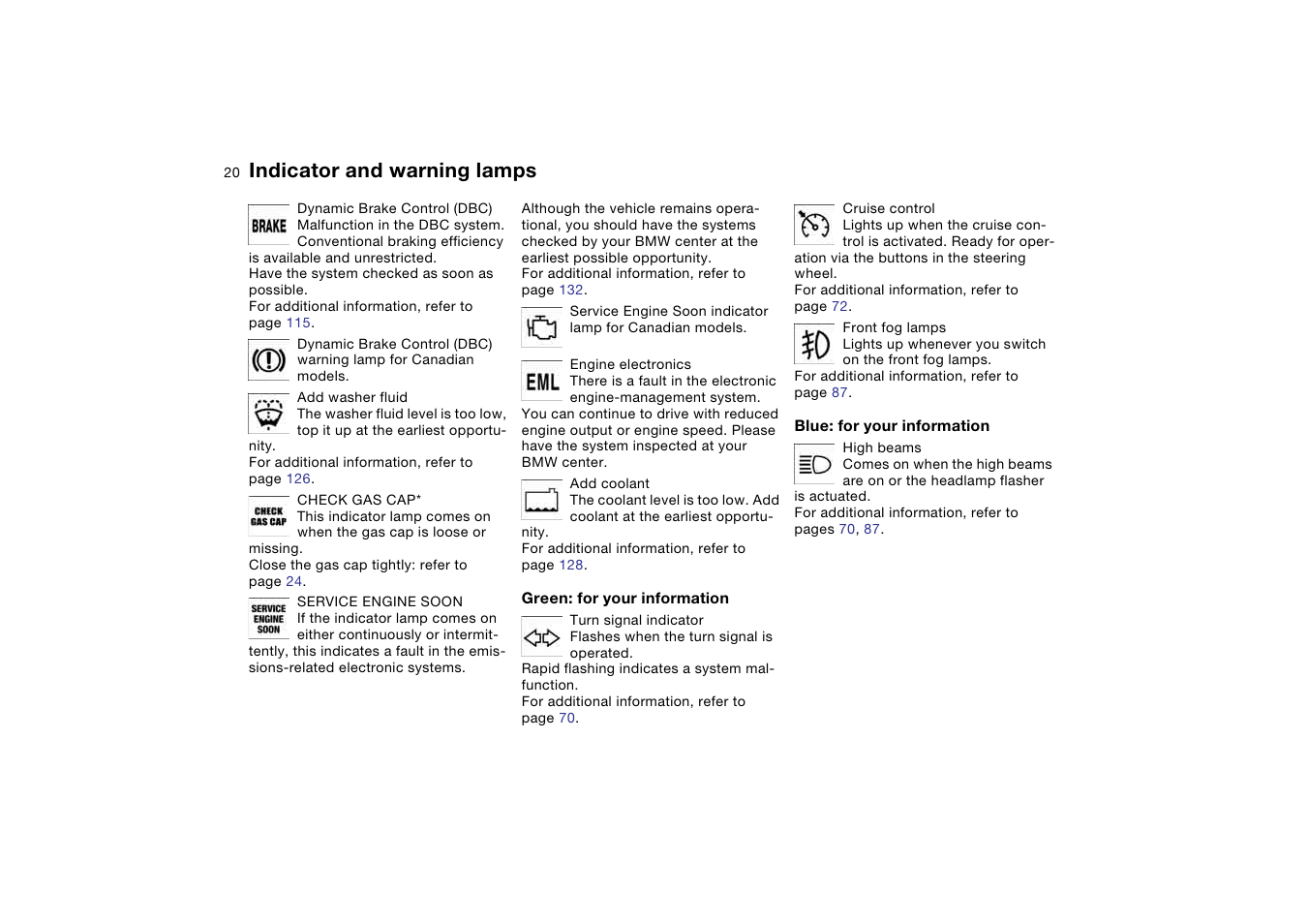 Indicator lamp for turn signals, Indicator and warning lamps | BMW 325Ci Coupe 2004 User Manual | Page 20 / 174