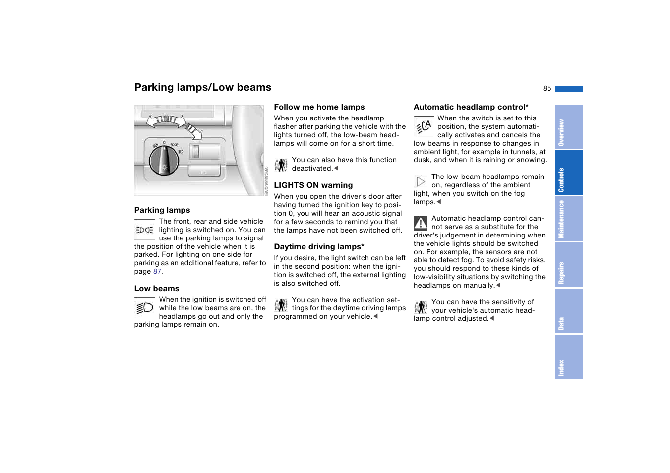 Lamps, Parking lamps/low beams | BMW 325Ci Coupe 2004 User Manual | Page 85 / 174