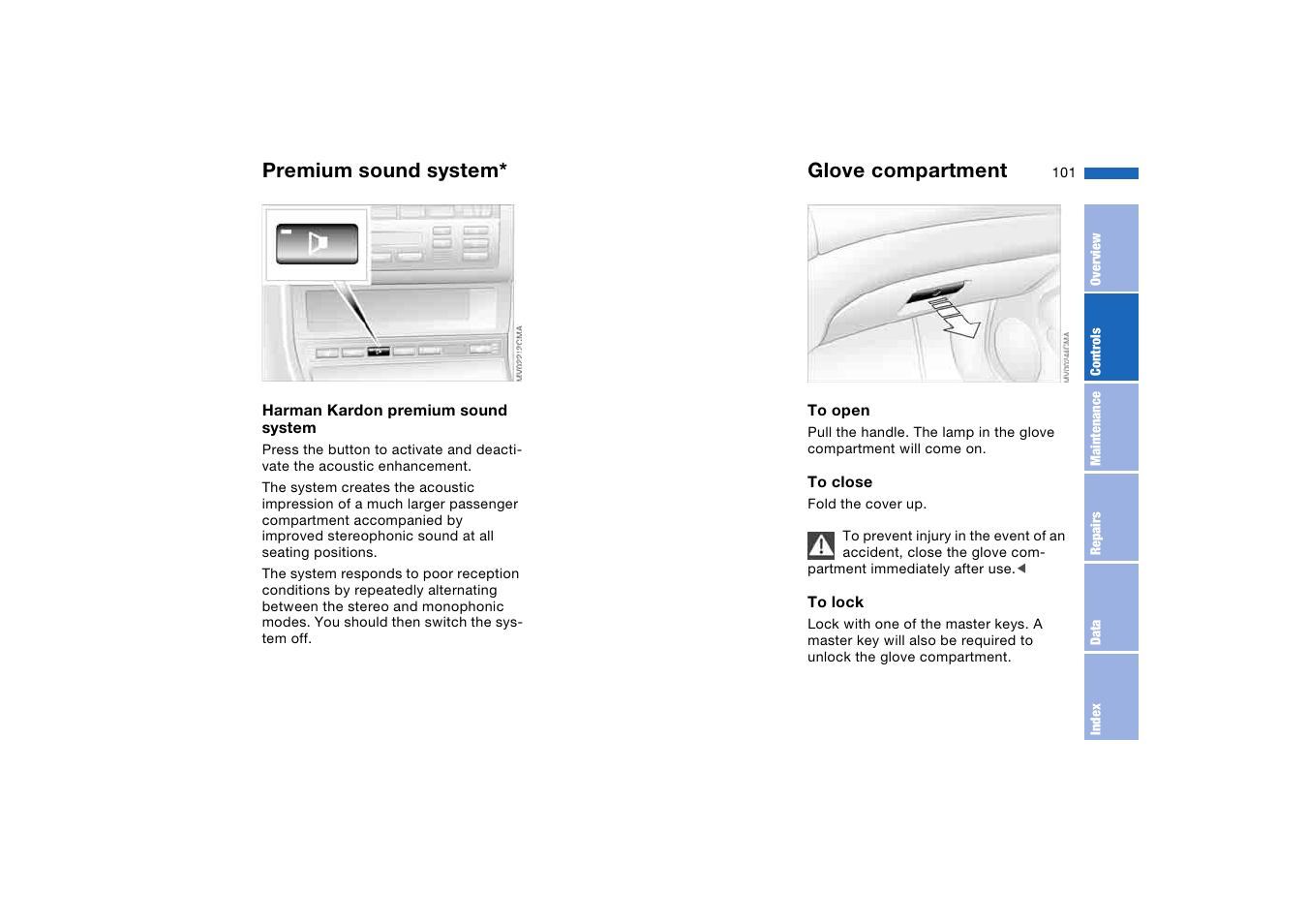 Interior conveniences, Premium sound system, Glove compartment | BMW 330Ci Coupe 2004 User Manual | Page 101 / 174