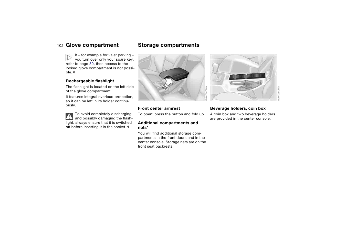 Storage compartments, Glove compartment | BMW 330Ci Coupe 2004 User Manual | Page 102 / 174