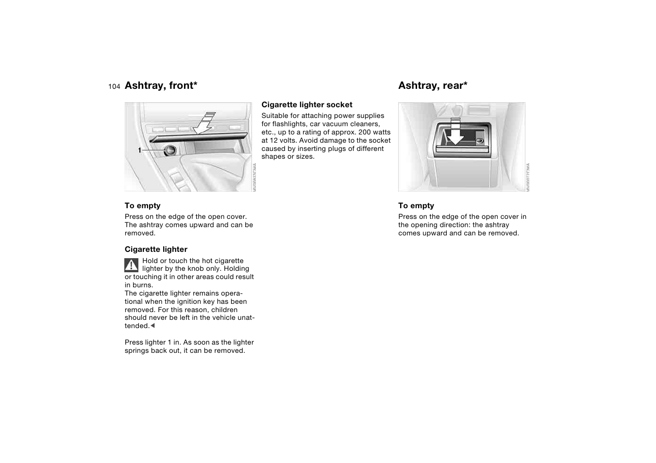 Ashtray, front, Ashtray, rear | BMW 330Ci Coupe 2004 User Manual | Page 104 / 174