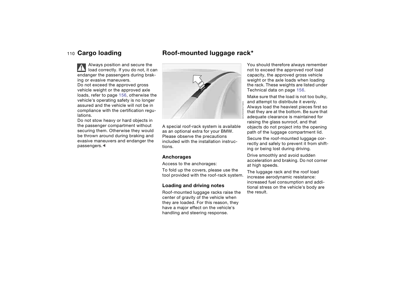 Roof-mounted luggage rack, Roof-mounted luggage, Rack | Cargo loading | BMW 330Ci Coupe 2004 User Manual | Page 110 / 174