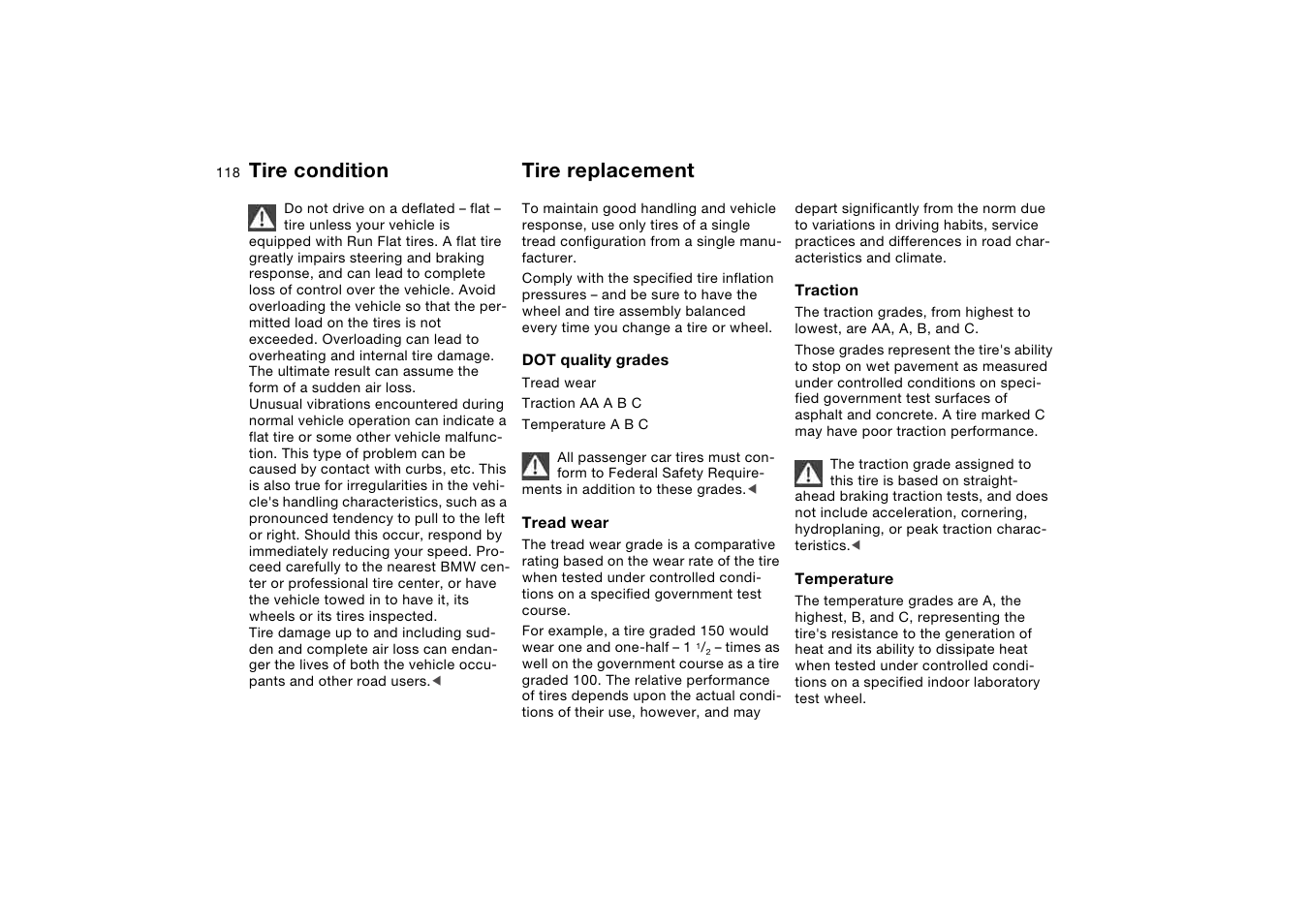 Tire replacement, Tire condition | BMW 330Ci Coupe 2004 User Manual | Page 118 / 174