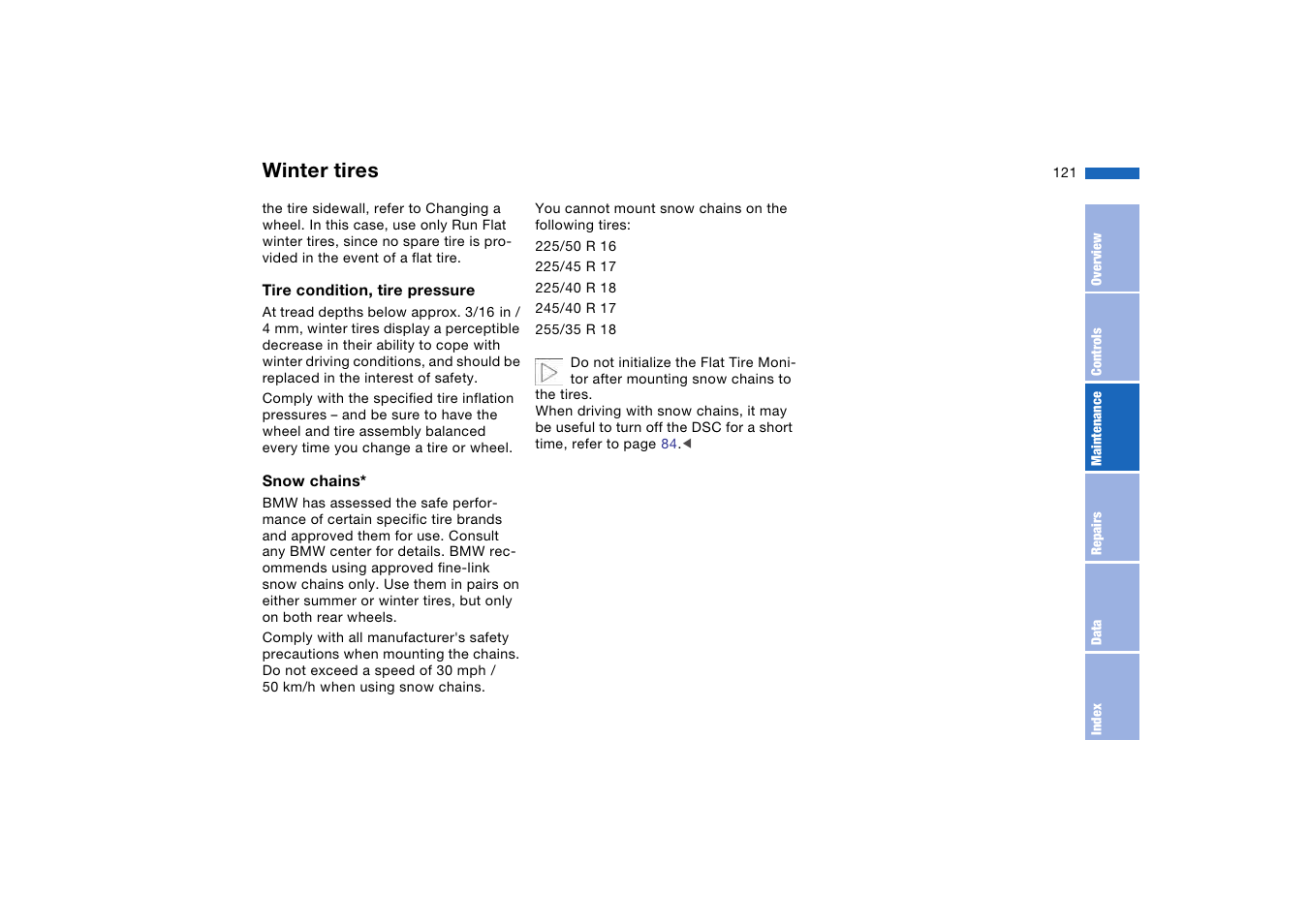 Winter tires | BMW 330Ci Coupe 2004 User Manual | Page 121 / 174