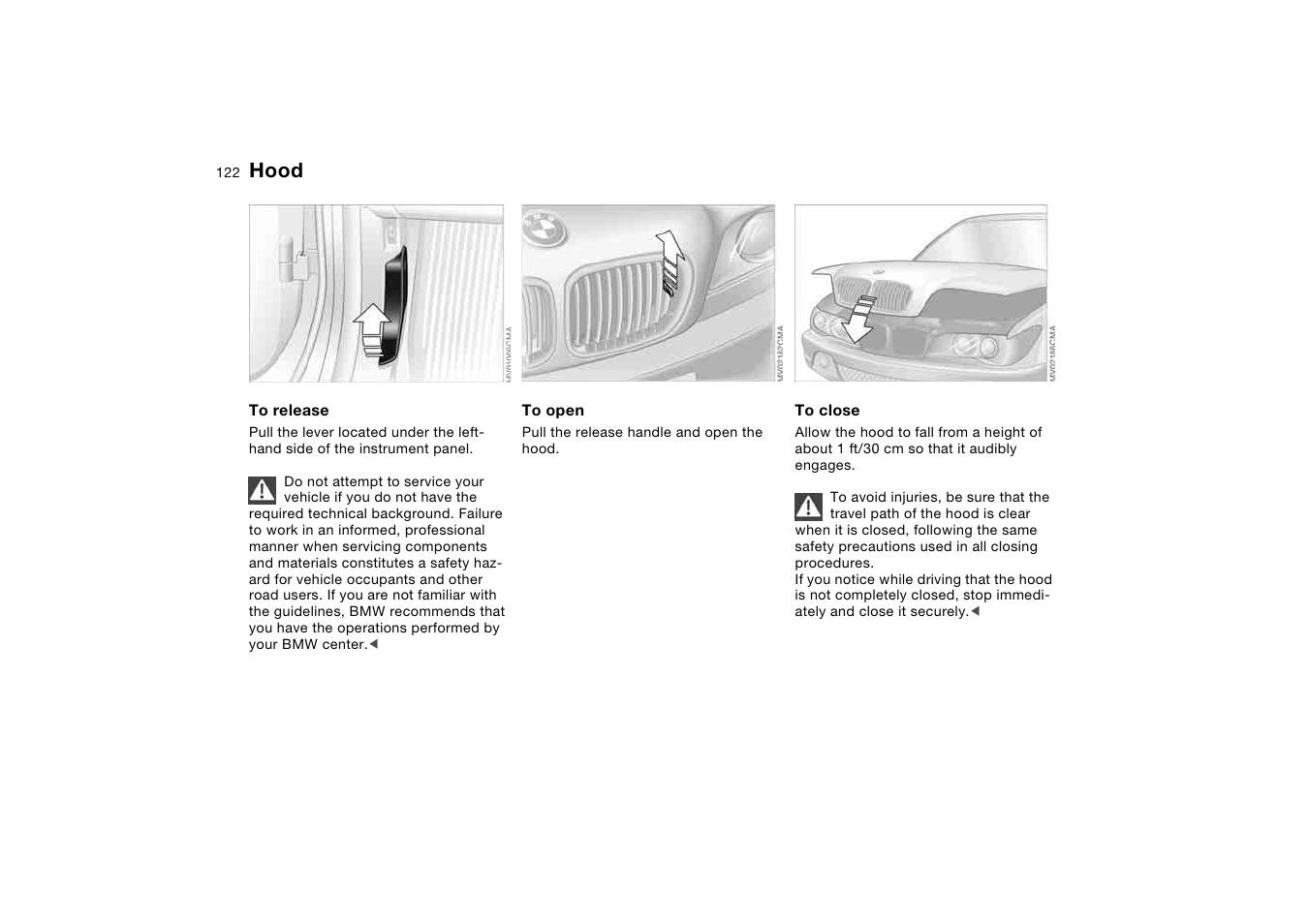 In the engine compartment, Hood | BMW 330Ci Coupe 2004 User Manual | Page 122 / 174