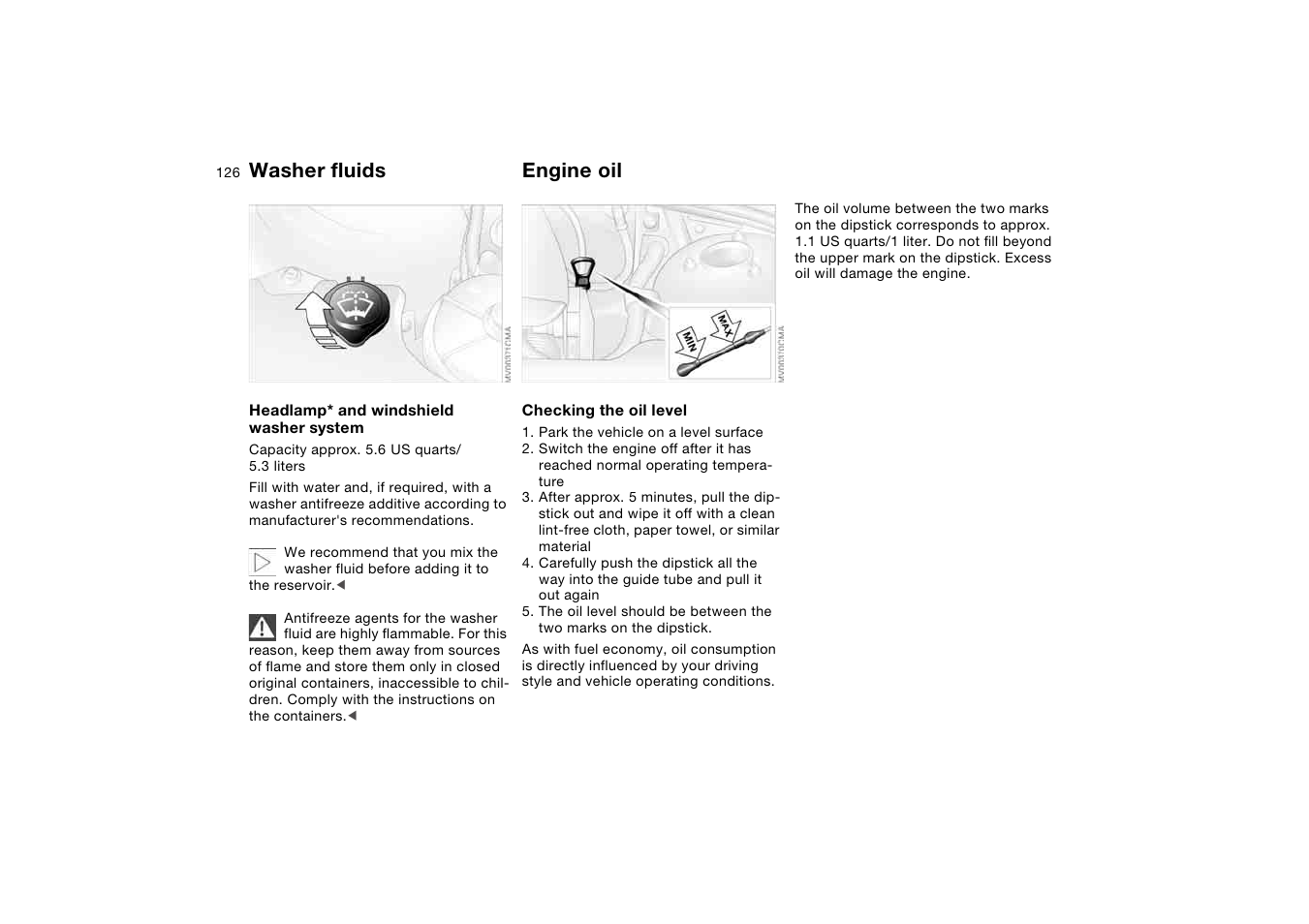 Washer fluids, Engine oil | BMW 330Ci Coupe 2004 User Manual | Page 126 / 174