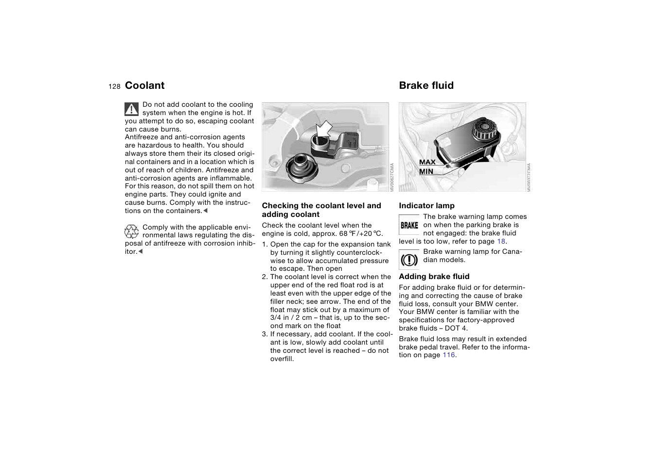 Coolant, Brake fluid, Brake fluid reservoir | BMW 330Ci Coupe 2004 User Manual | Page 128 / 174