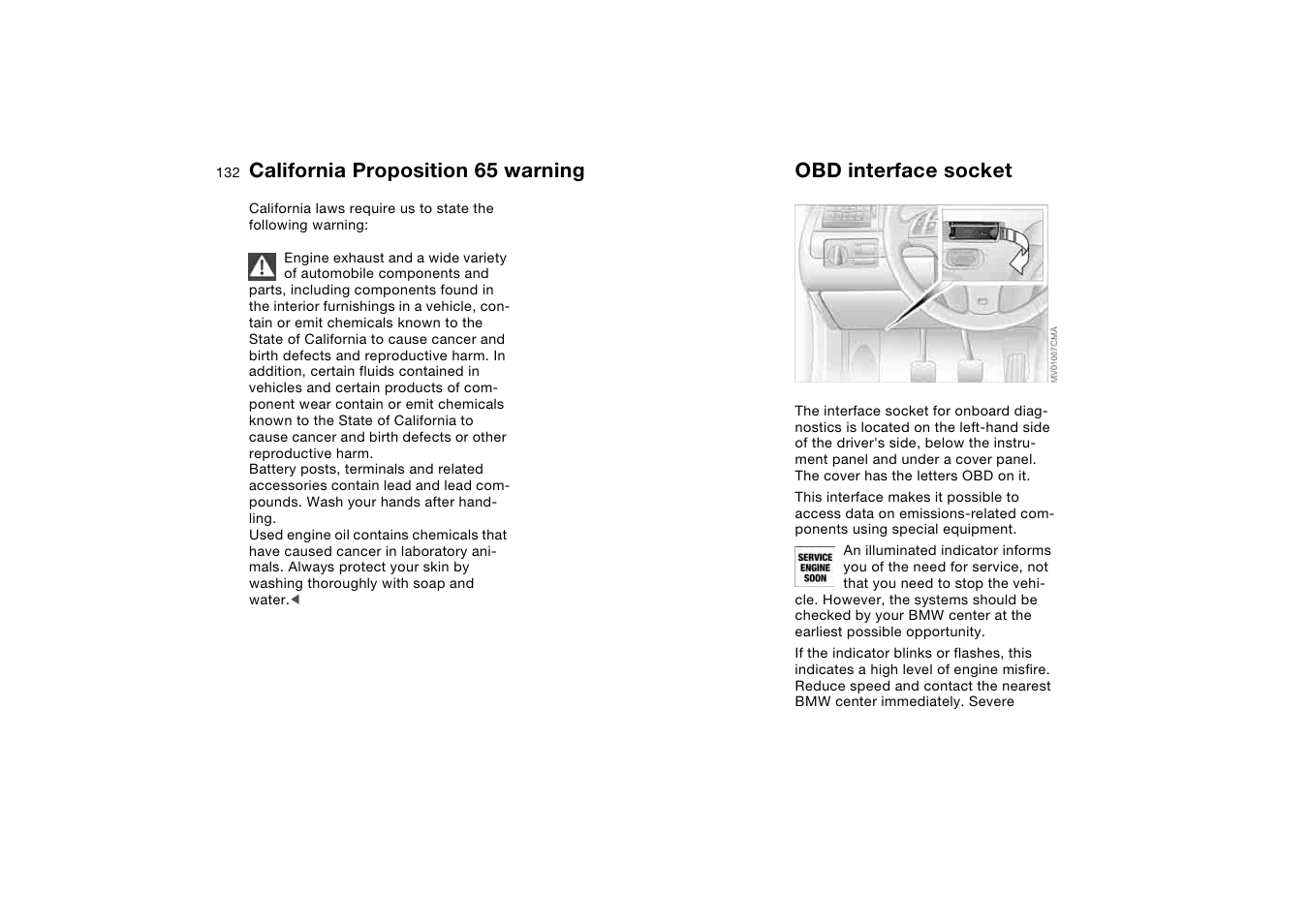 Laws and regulations, California proposition 65 warning, Obd interface socket | California proposition 65, Warning | BMW 330Ci Coupe 2004 User Manual | Page 132 / 174