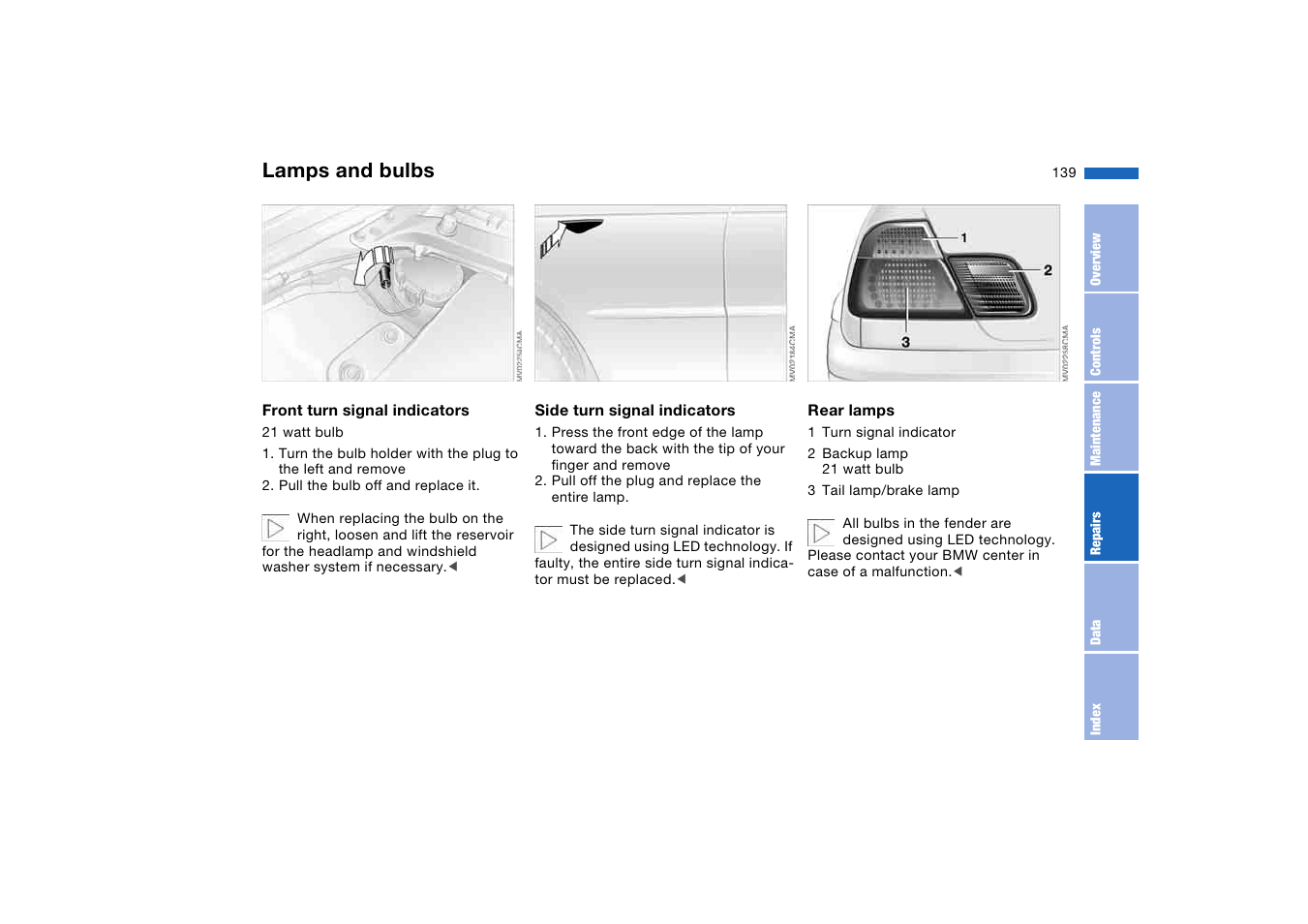 Lamps and bulbs | BMW 330Ci Coupe 2004 User Manual | Page 139 / 174