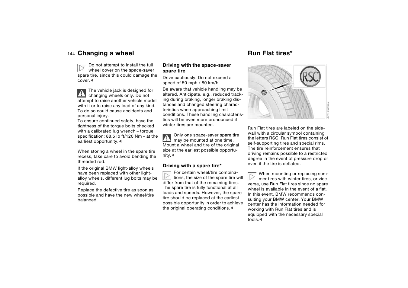 Run flat tires, Changing a wheel | BMW 330Ci Coupe 2004 User Manual | Page 144 / 174