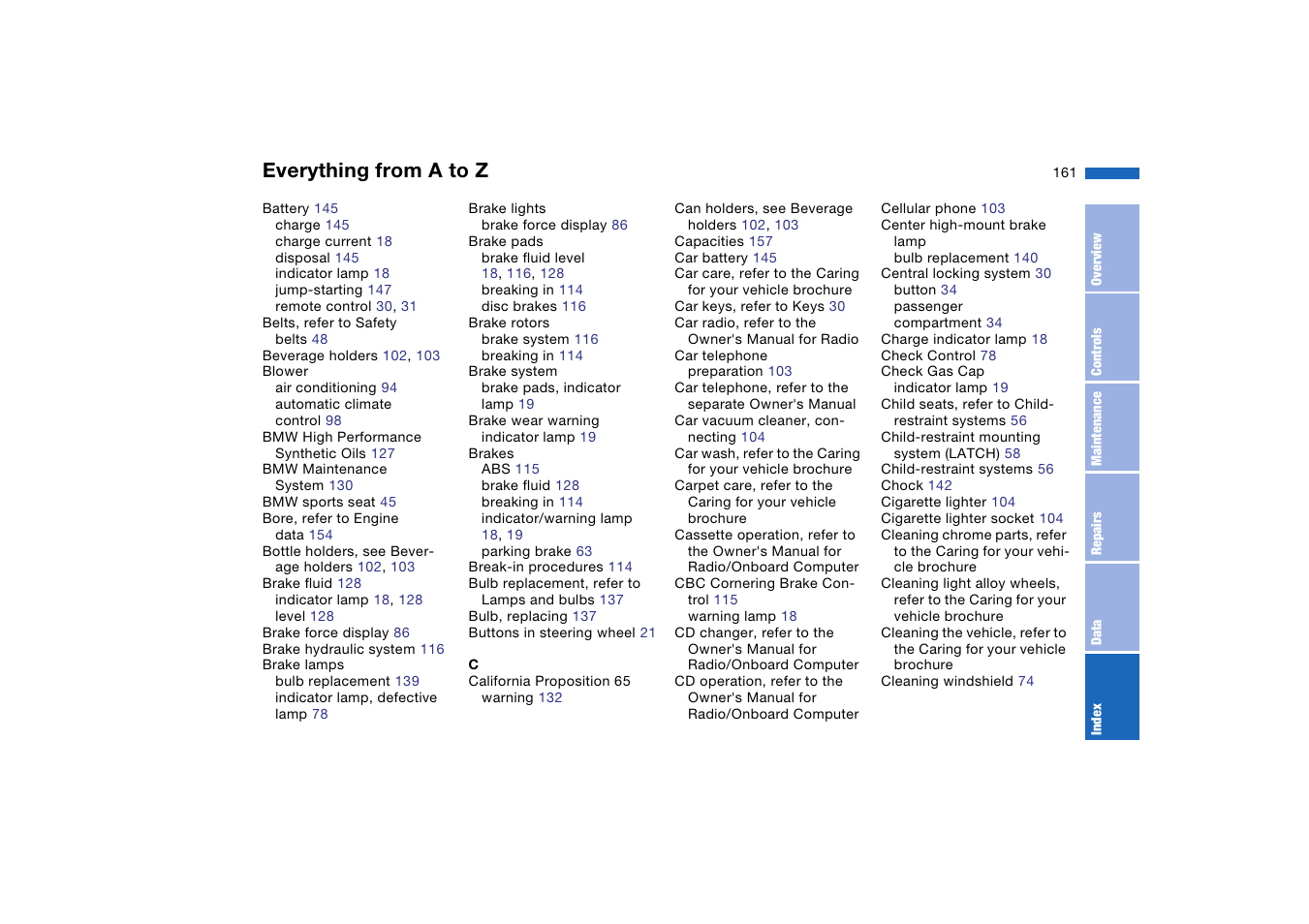 Everything from a to z | BMW 330Ci Coupe 2004 User Manual | Page 161 / 174