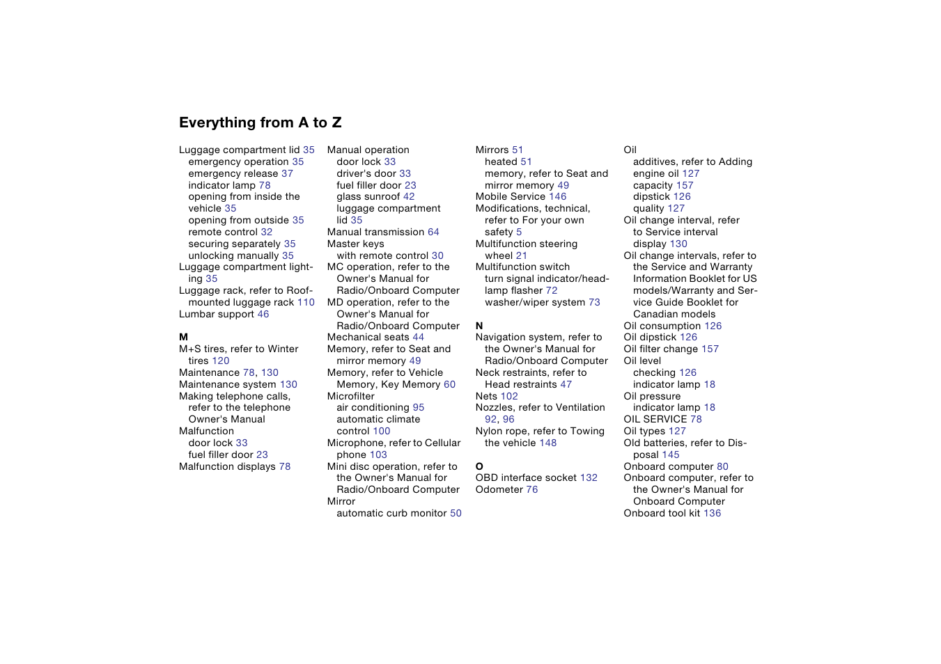 Everything from a to z | BMW 330Ci Coupe 2004 User Manual | Page 166 / 174