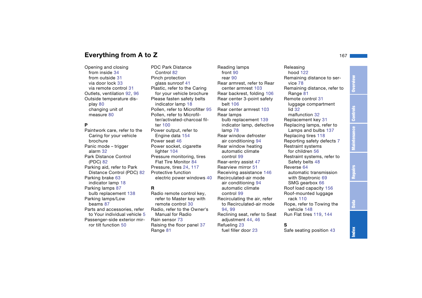 Everything from a to z | BMW 330Ci Coupe 2004 User Manual | Page 167 / 174