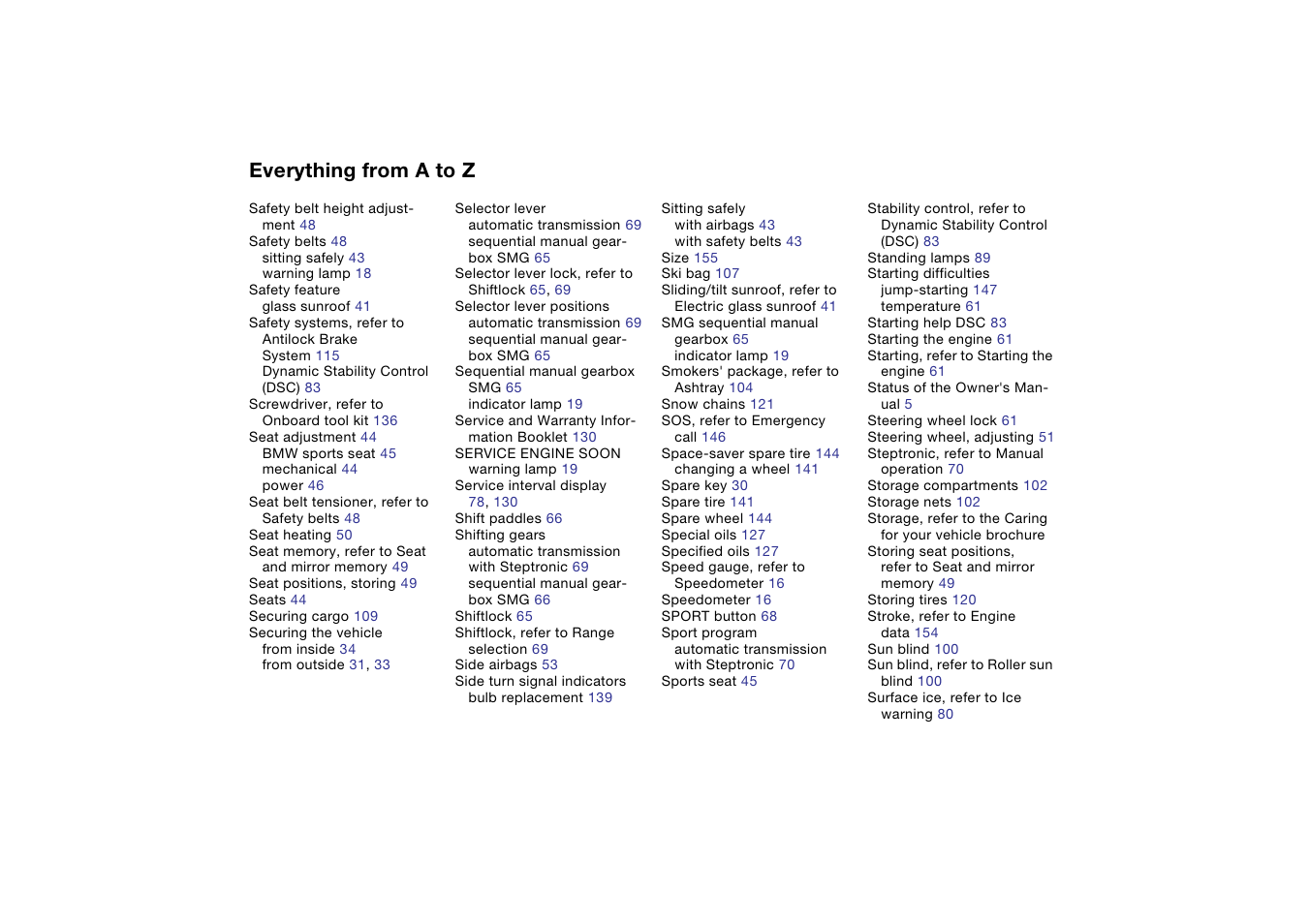 Everything from a to z | BMW 330Ci Coupe 2004 User Manual | Page 168 / 174