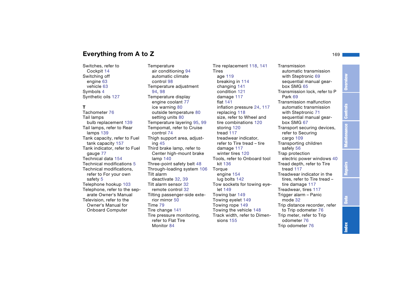 Everything from a to z | BMW 330Ci Coupe 2004 User Manual | Page 169 / 174