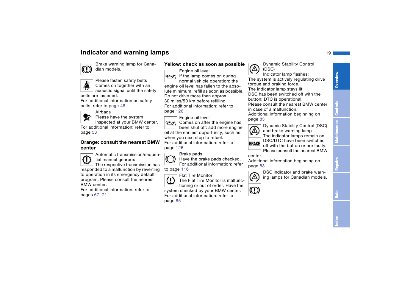 Indicator and warning lamps | BMW 330Ci Coupe 2004 User Manual | Page 19 / 174