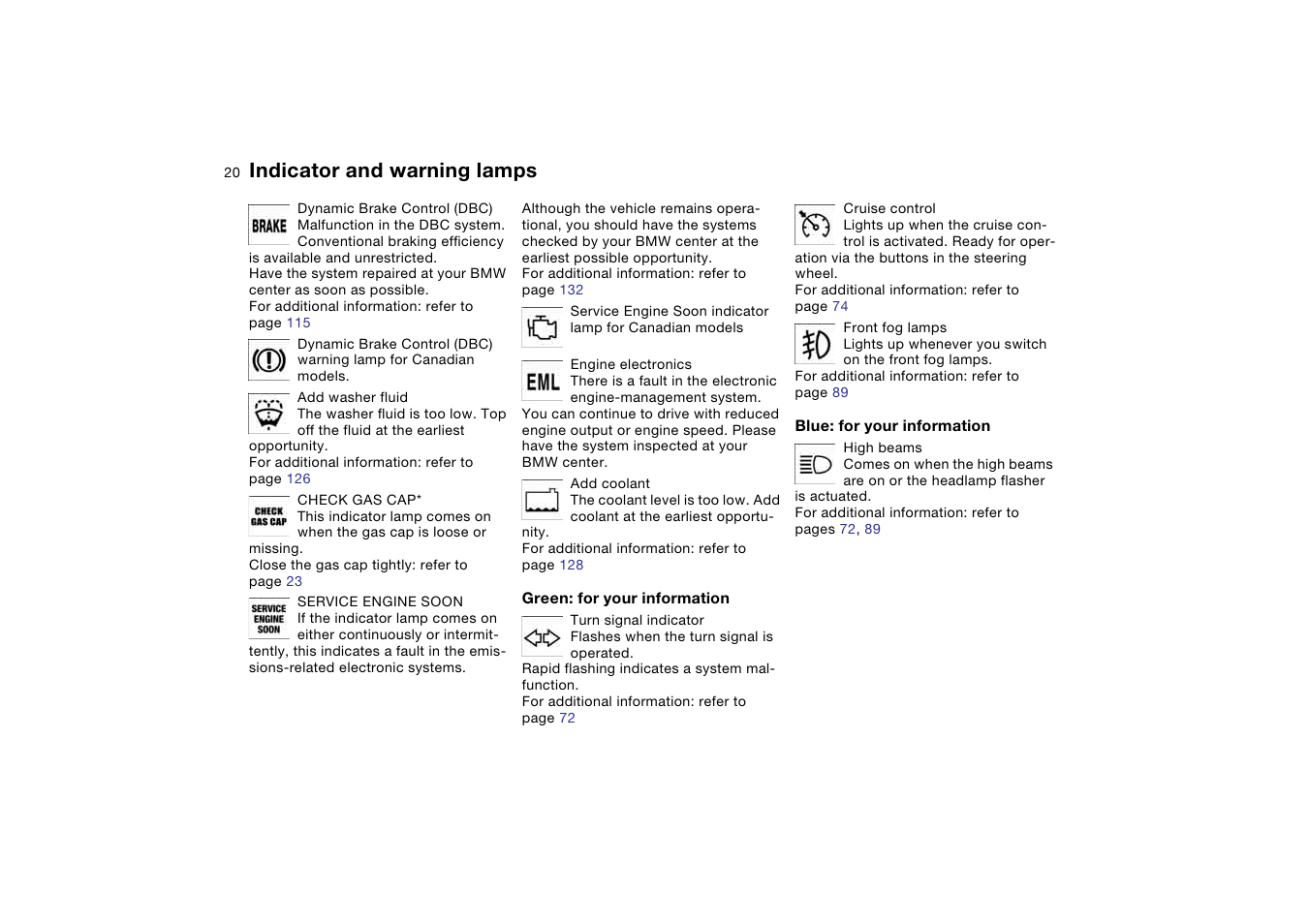 Indicator lamp for turn signals, Indicator and warning lamps | BMW 330Ci Coupe 2004 User Manual | Page 20 / 174