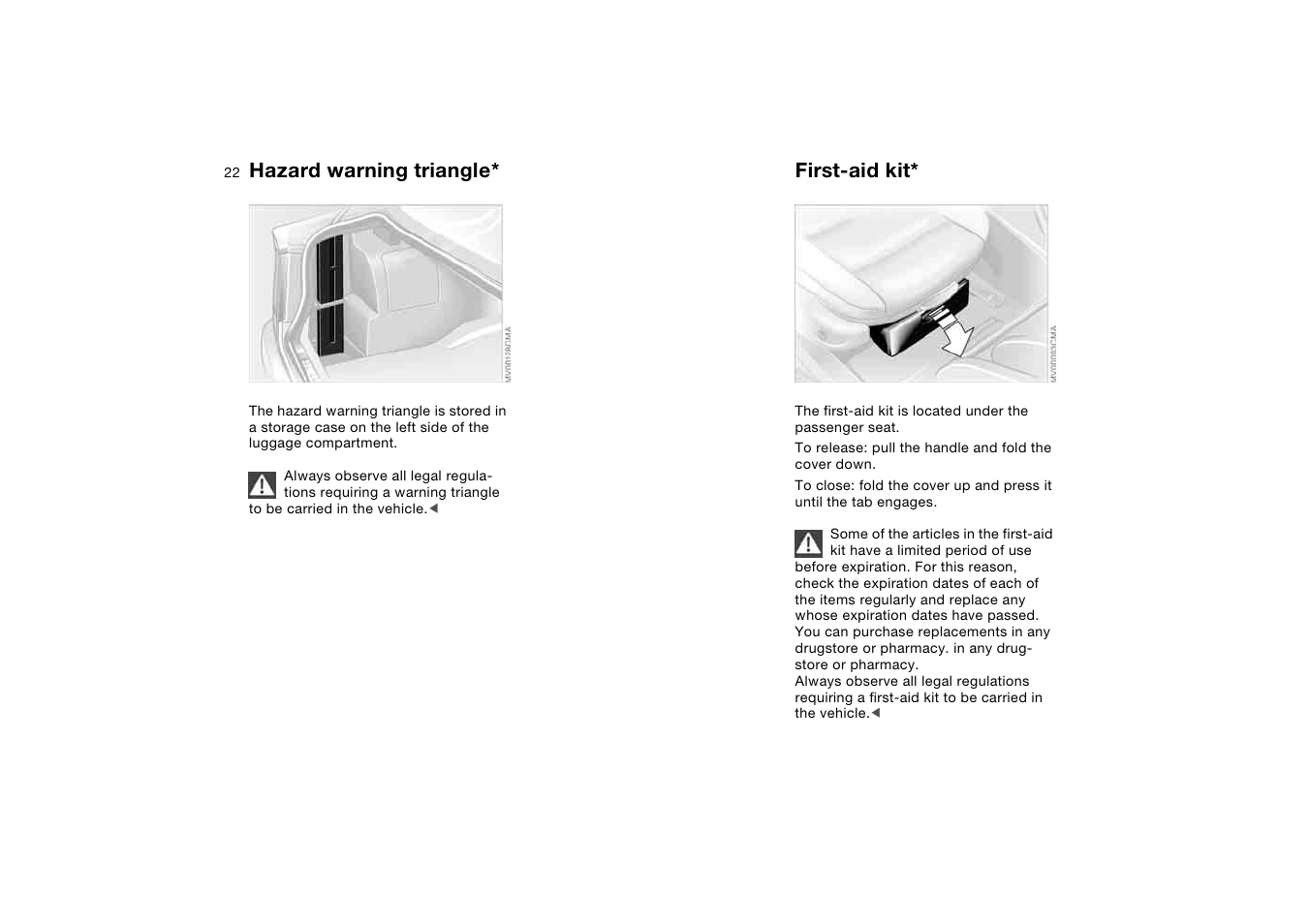 Hazard warning triangle, First-aid kit | BMW 330Ci Coupe 2004 User Manual | Page 22 / 174