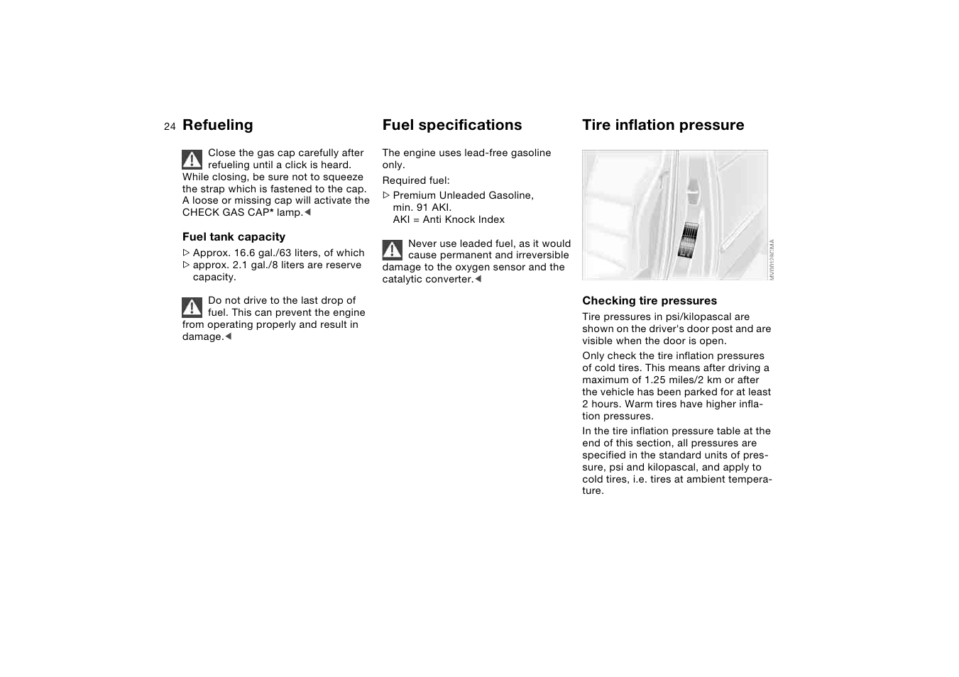 Fuel specifications, Tire inflation pressure, Refueling | BMW 330Ci Coupe 2004 User Manual | Page 24 / 174