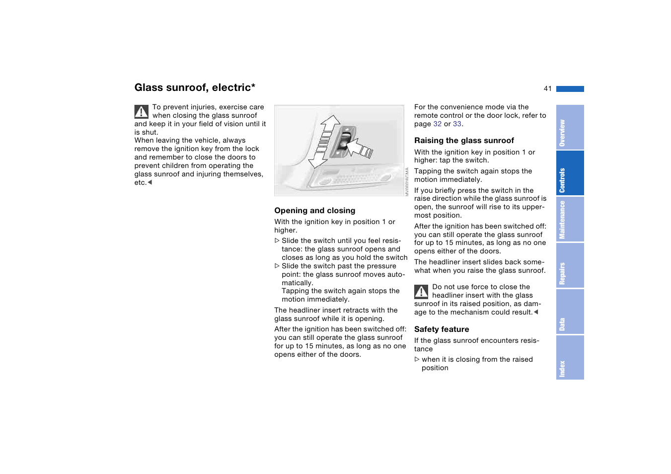 Glass sunroof, electric | BMW 330Ci Coupe 2004 User Manual | Page 41 / 174