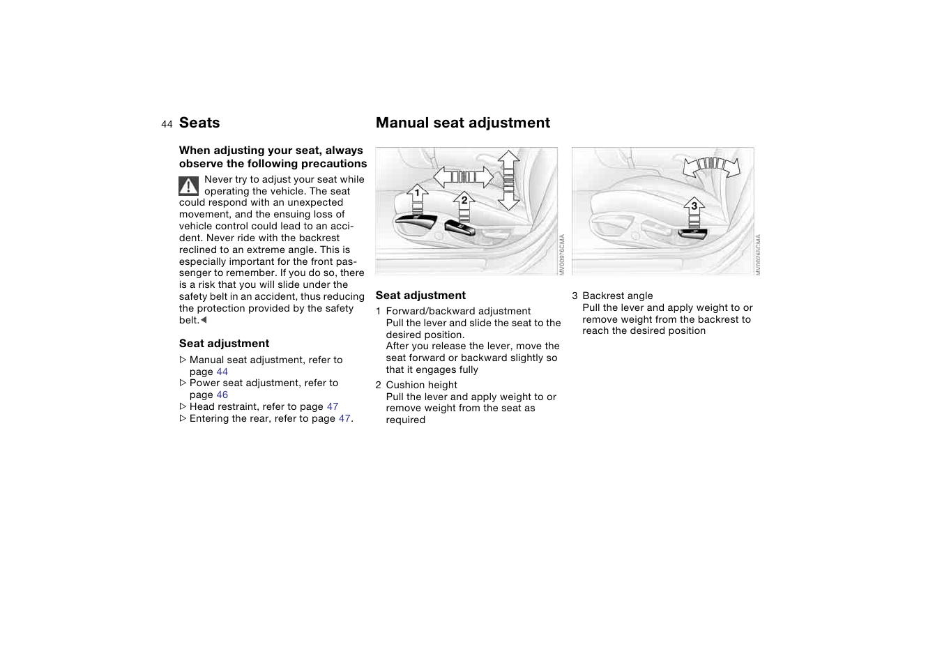 Seats, Manual seat adjustment | BMW 330Ci Coupe 2004 User Manual | Page 44 / 174