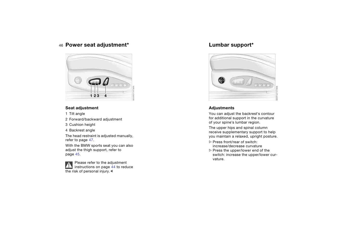 Power seat adjustment, Lumbar support | BMW 330Ci Coupe 2004 User Manual | Page 46 / 174