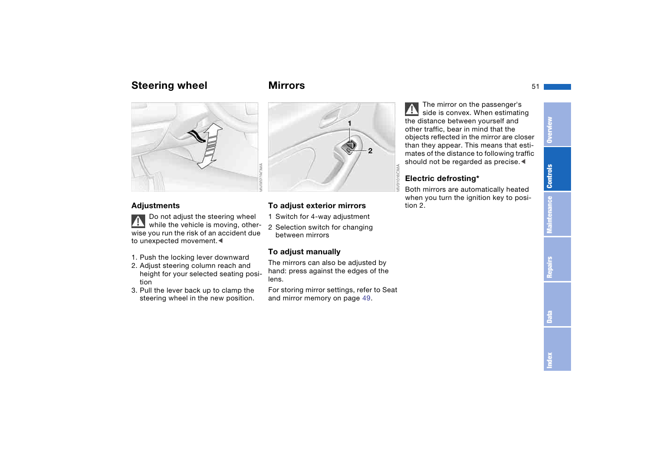 Steering wheel, Mirrors | BMW 330Ci Coupe 2004 User Manual | Page 51 / 174