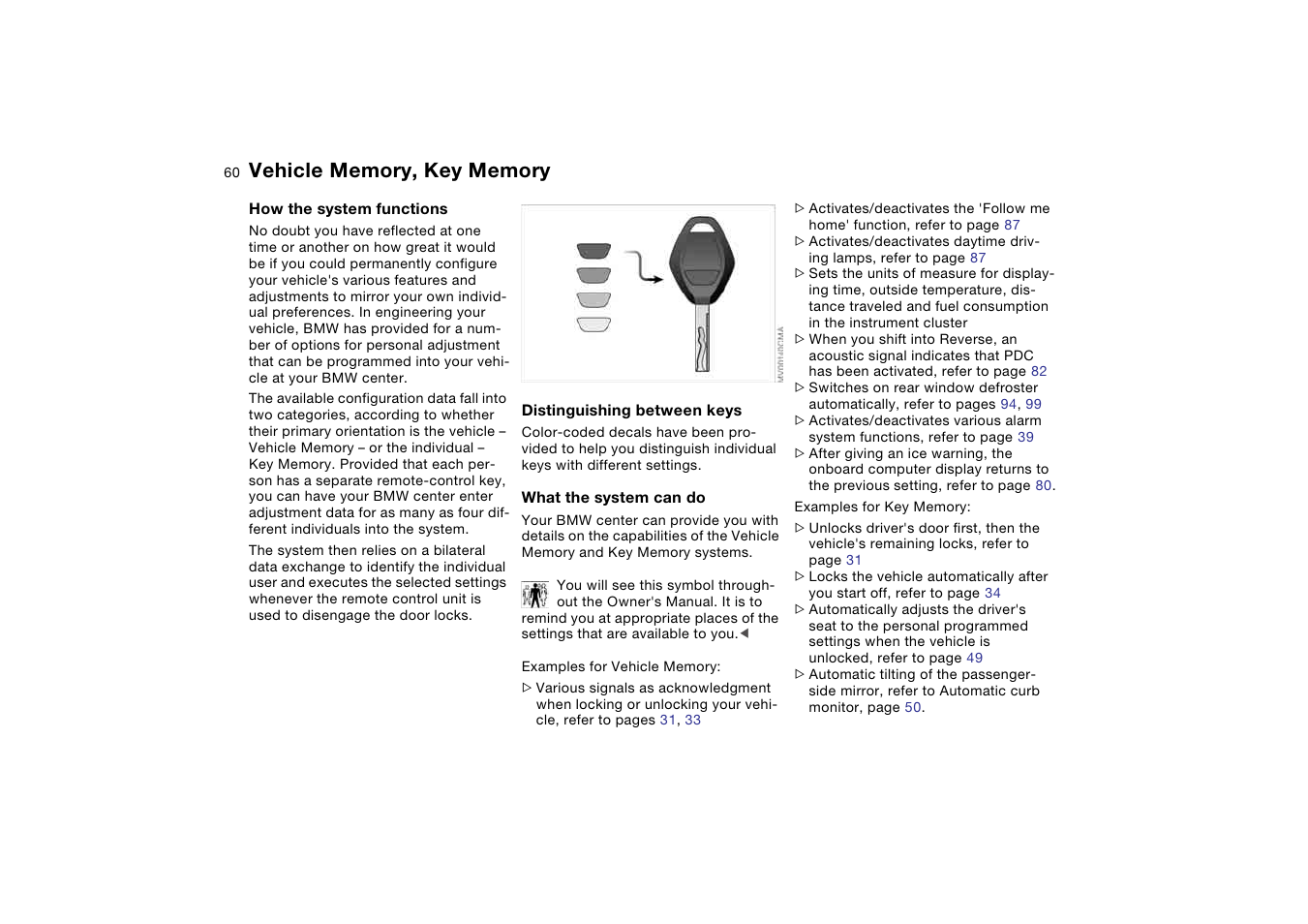 Vehicle memory, key memory, Vehicle memory, key, Memory | BMW 330Ci Coupe 2004 User Manual | Page 60 / 174