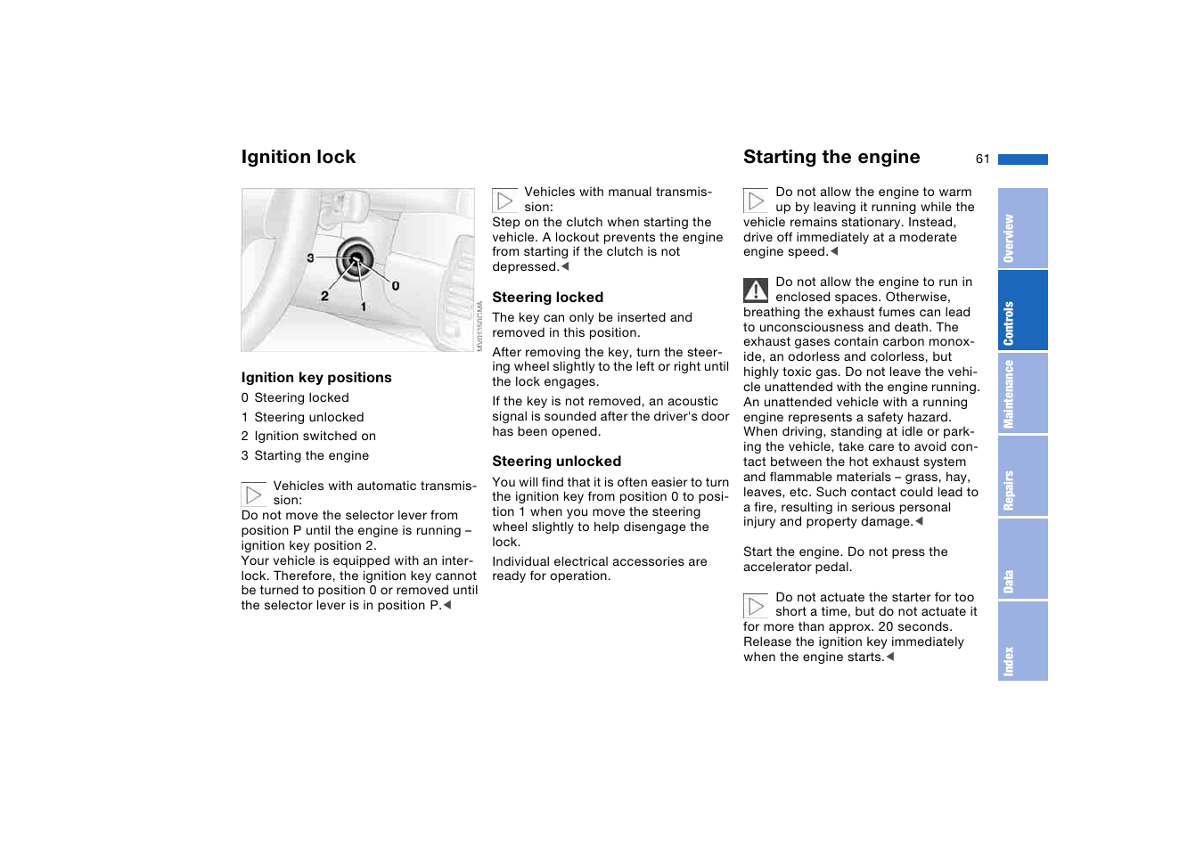 Driving, Ignition lock, Starting the engine | BMW 330Ci Coupe 2004 User Manual | Page 61 / 174