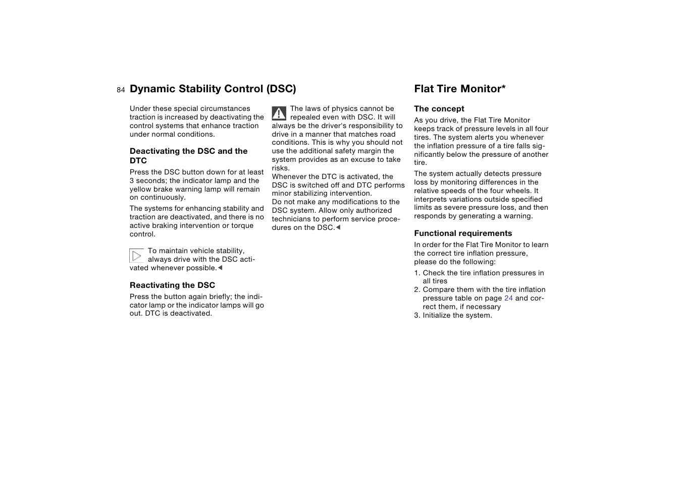 Flat tire monitor, Dynamic stability control (dsc) | BMW 330Ci Coupe 2004 User Manual | Page 84 / 174