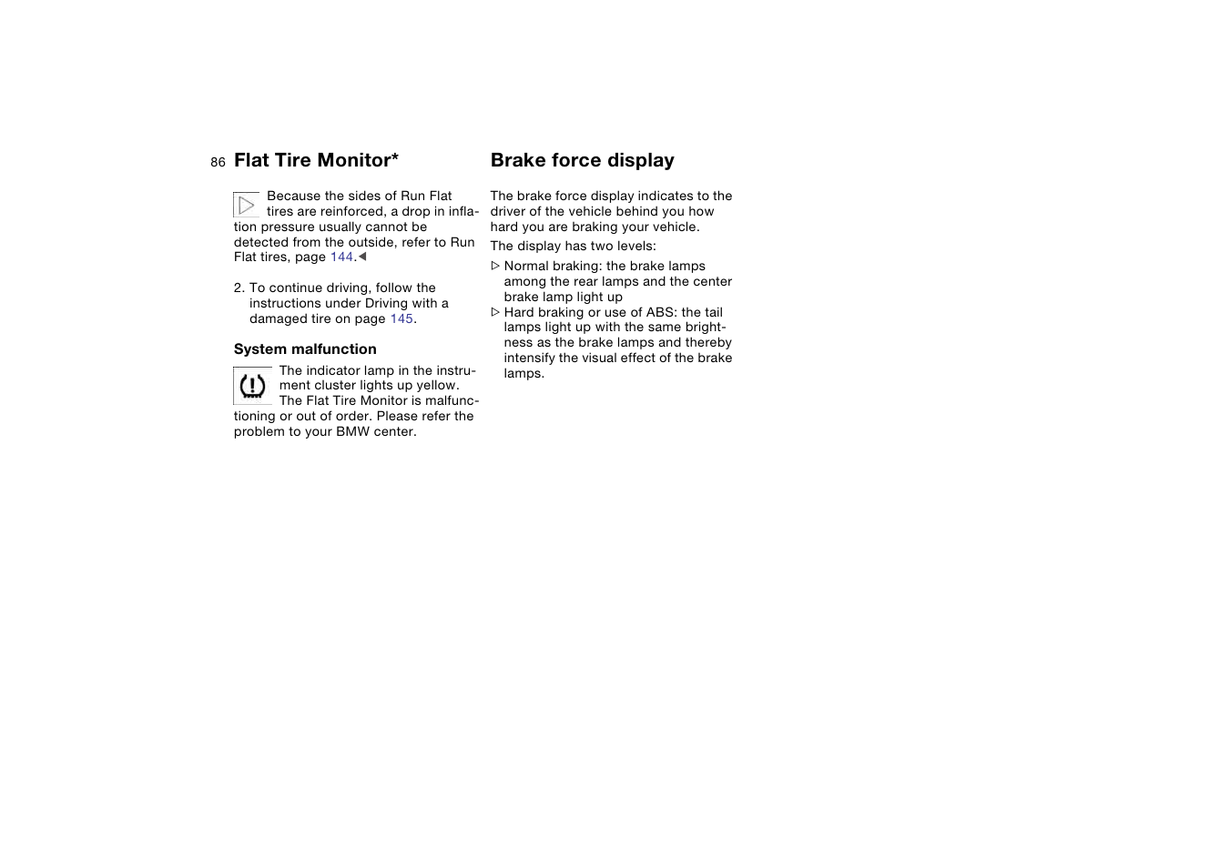 Brake force display, Flat tire monitor | BMW 330Ci Coupe 2004 User Manual | Page 86 / 174