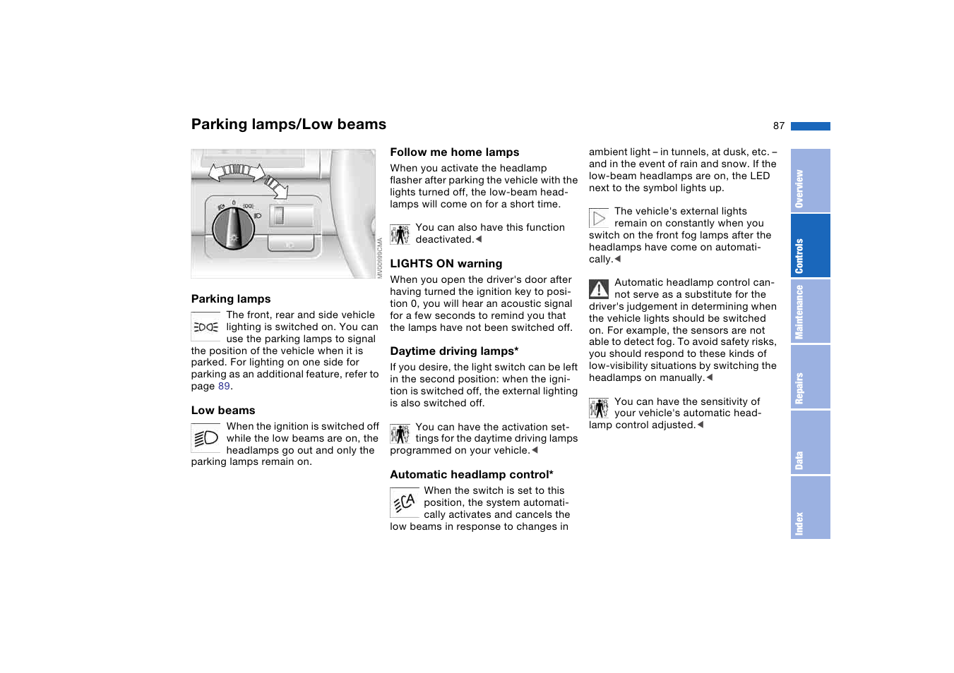 Lamps, Parking lamps/low beams | BMW 330Ci Coupe 2004 User Manual | Page 87 / 174